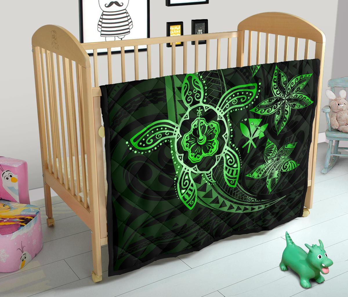 Kanaka Map Hibiscus Plumeria Turtle Art Green Polynesian Premium Quilt - Polynesian Pride