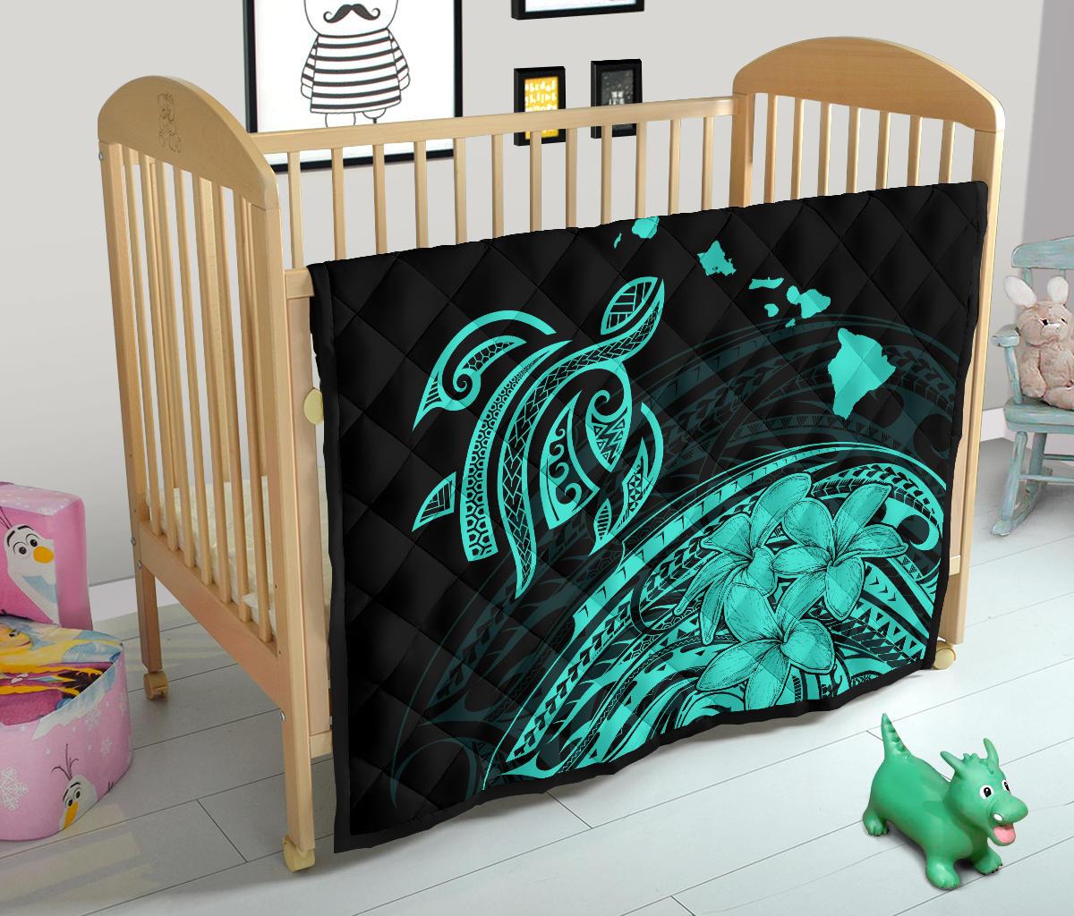 Hawaii Map Plumeria Polynesian Turquoise Premium Quilt - Polynesian Pride