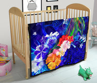 Custom Personalised Yap Premium Quilt - Humpback Whale with Tropical Flowers (Blue) - Polynesian Pride