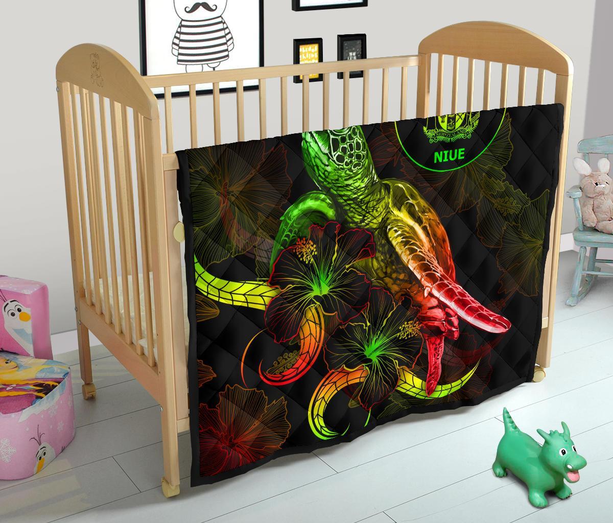 Niue Polynesian Premium Quilt - Turtle With Blooming Hibiscus Reggae - Polynesian Pride