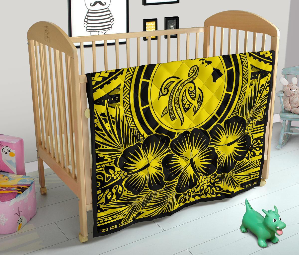 Hawaii Premium Quilt - Hawaii Map Honu Hibiscus Yellow Polynesian Premium Quilt - Polynesian Pride