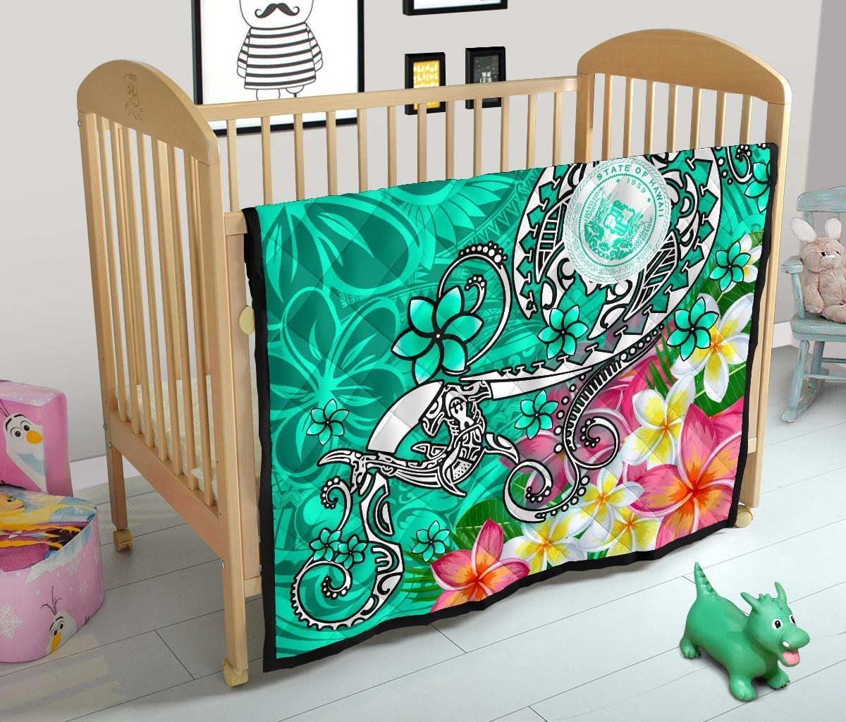 Hawaii Polynesian Premium Quilt - Hawaii Seal With Turtle Plumeria (Turquoise) - Polynesian Pride