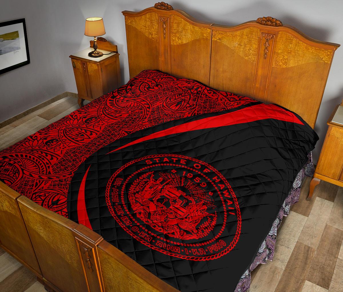 Hawaii Coat Of Arms Polynesian Black And Red Premium Quilt - Circle Style - Polynesian Pride