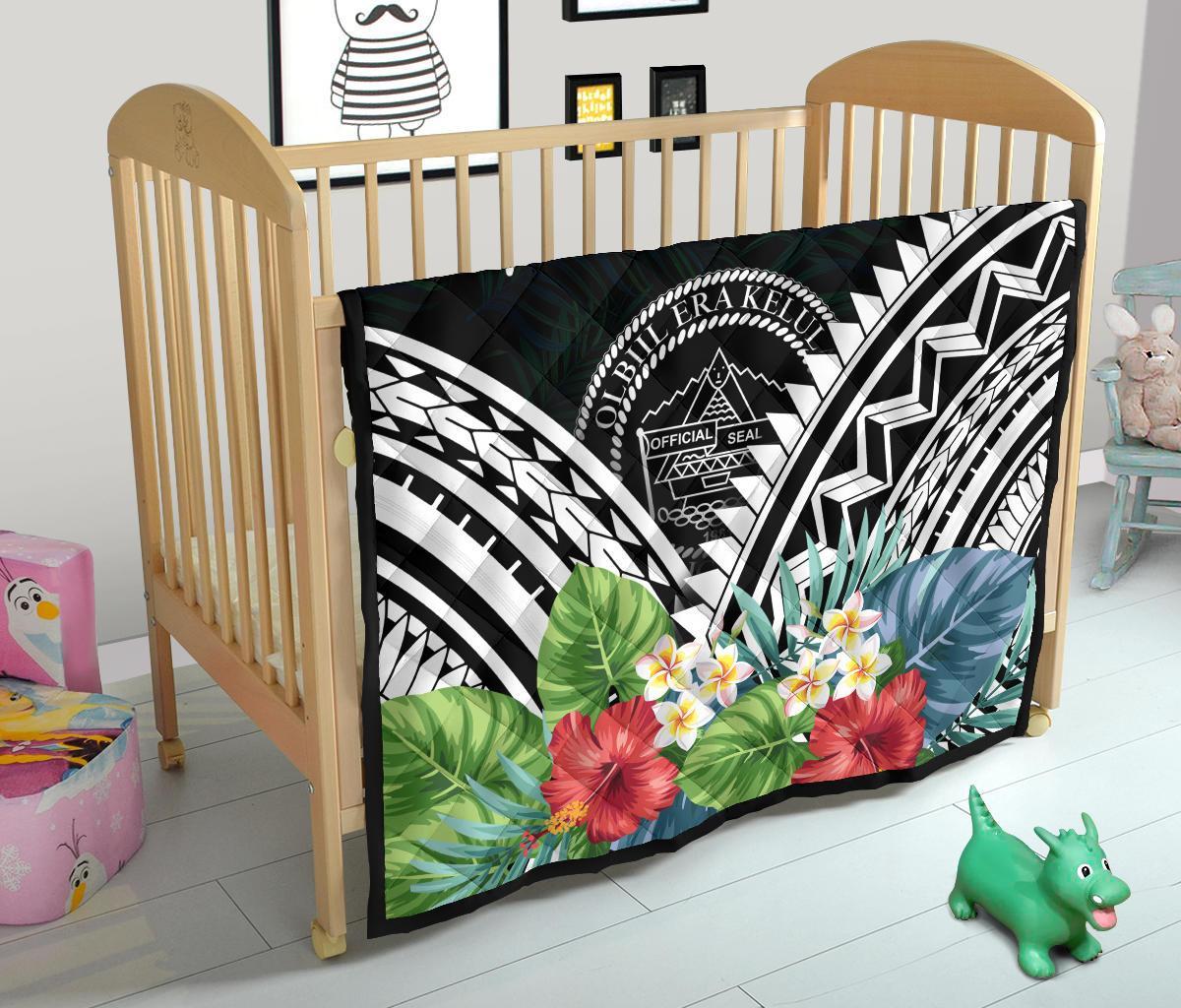 Palau Premium Quilt - Palau Coat of Arms & Polynesian Tropical Flowers White - Polynesian Pride