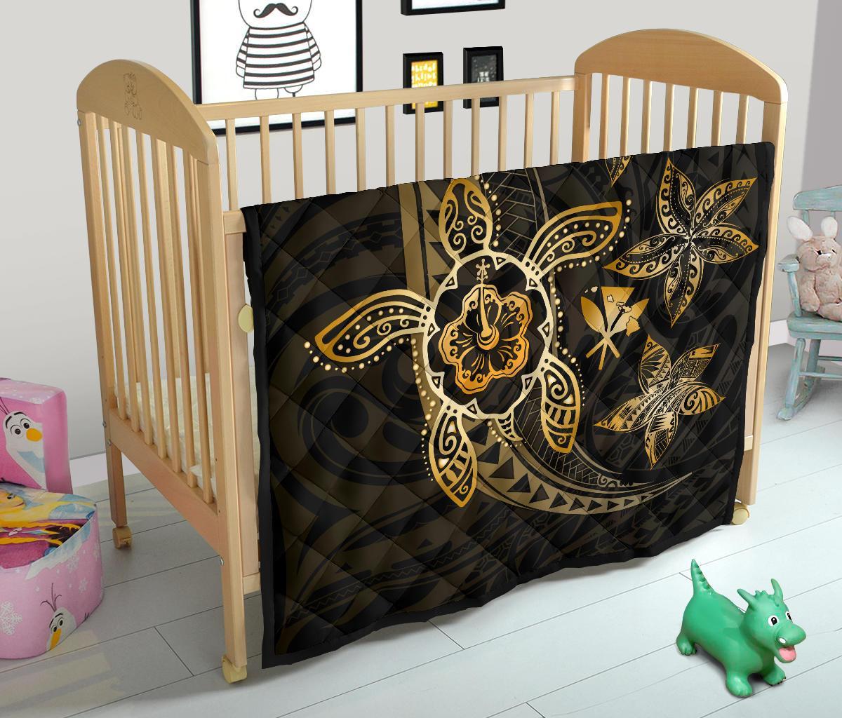 Kanaka Map Hibiscus Plumeria Turtle Art Gold Polynesian Premium Quilt - Polynesian Pride