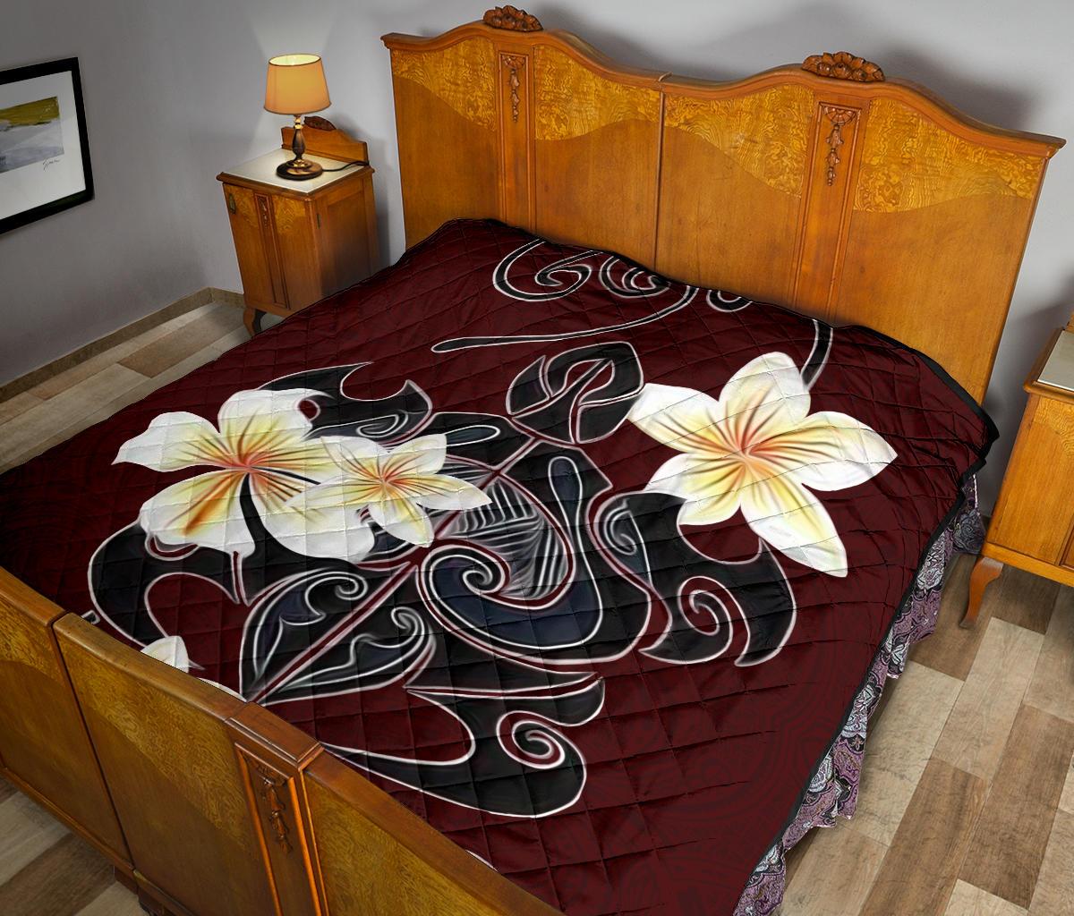 Turtle Poly Tribal Plumeria Red Premium Quilt - Polynesian Pride