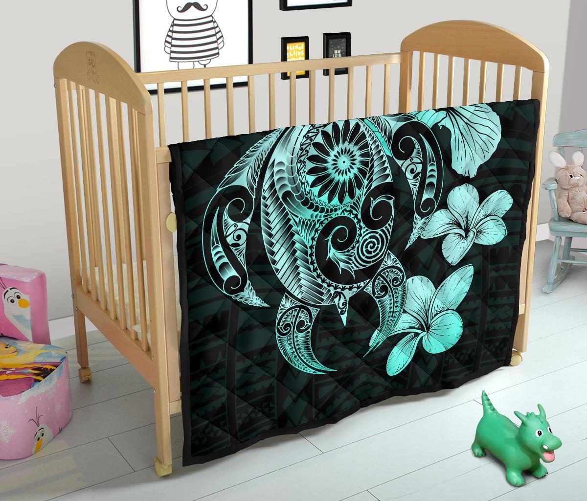 Hibiscus Plumeria Mix Polynesian Turquoise Turtle Premium Quilt - Polynesian Pride