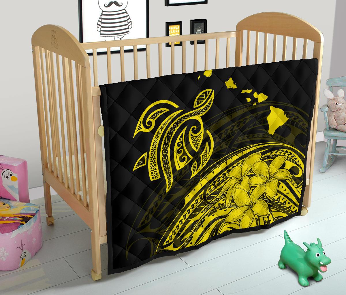 Hawaii Map Plumeria Polynesian Yellow Premium Quilt - Polynesian Pride