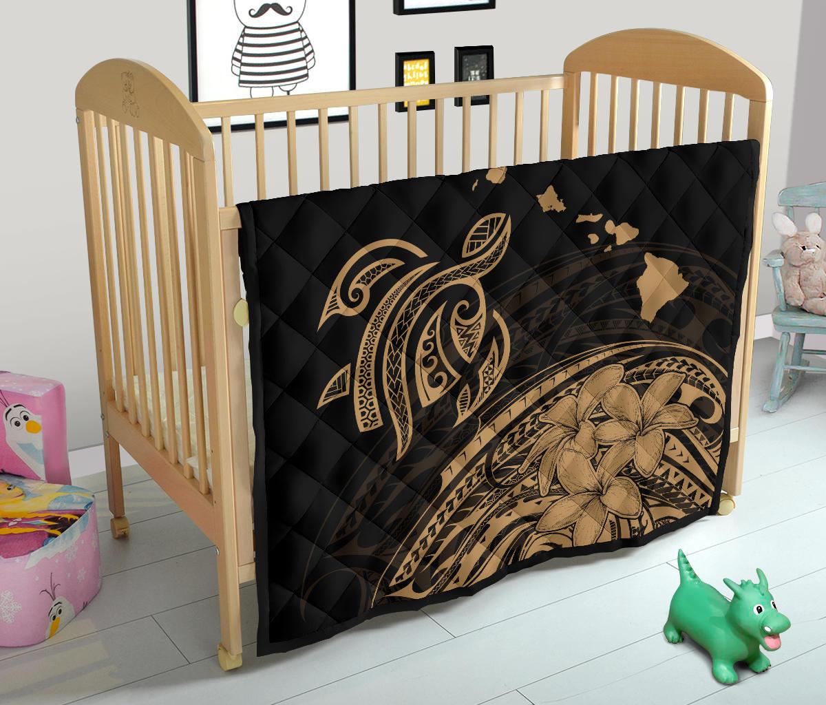 Hawaii Map Plumeria Polynesian Gold Premium Quilt - Polynesian Pride