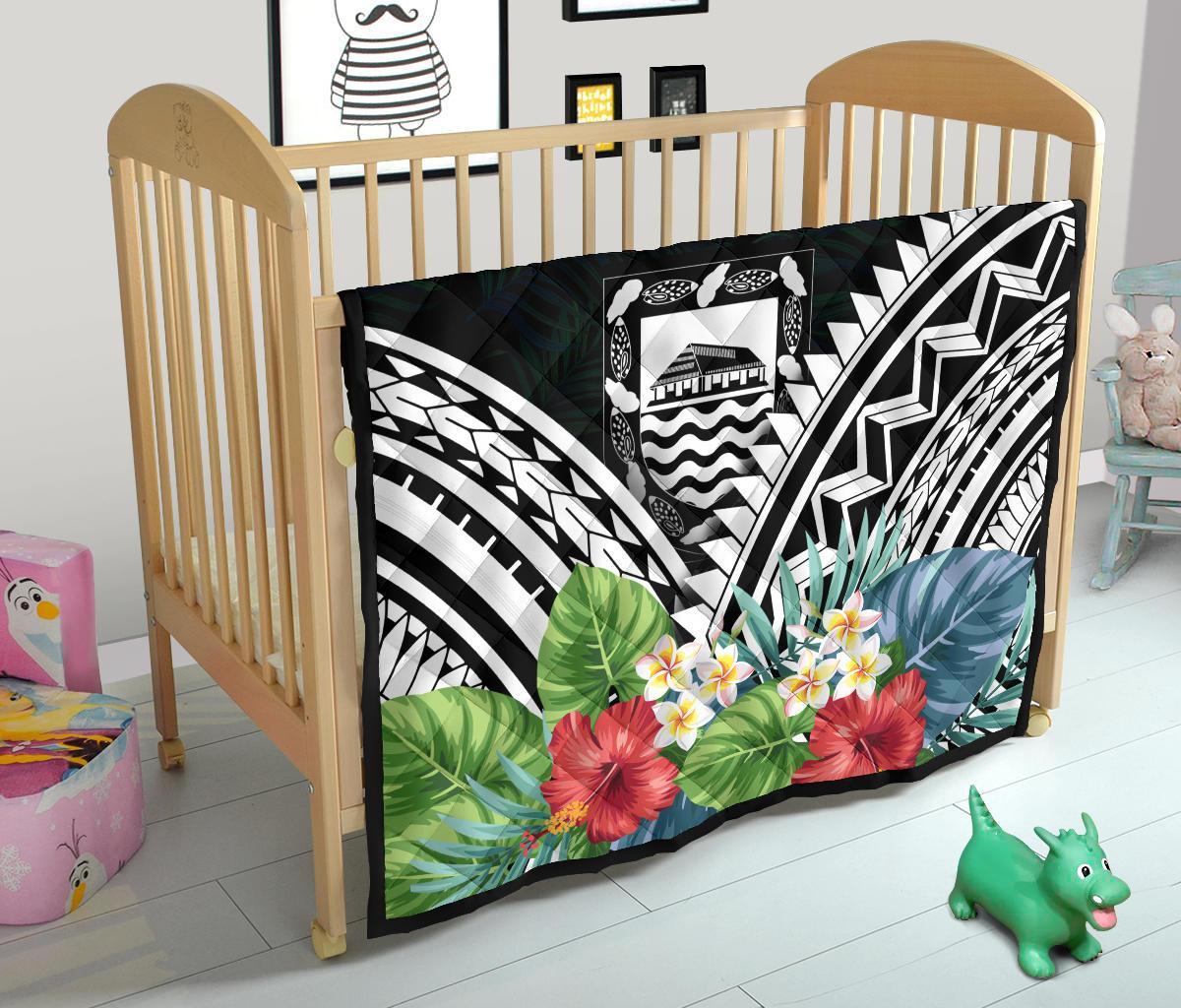 Tuvalu Premium Quilt - Tuvalu Coat of Arms & Polynesian Tropical Flowers White - Polynesian Pride