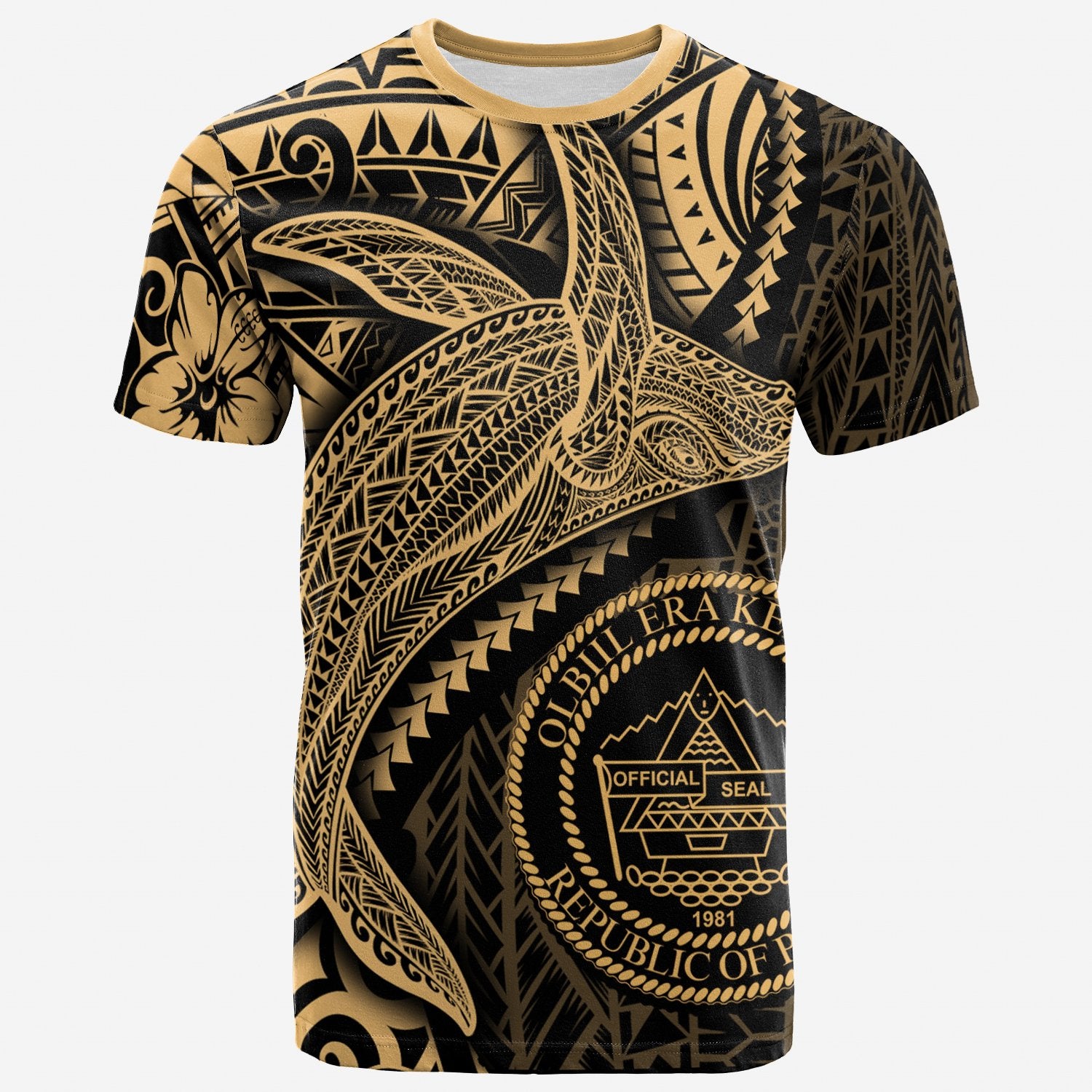 Palau T Shirt Humpback Whale & Coat of Arms Gold Unisex Art - Polynesian Pride