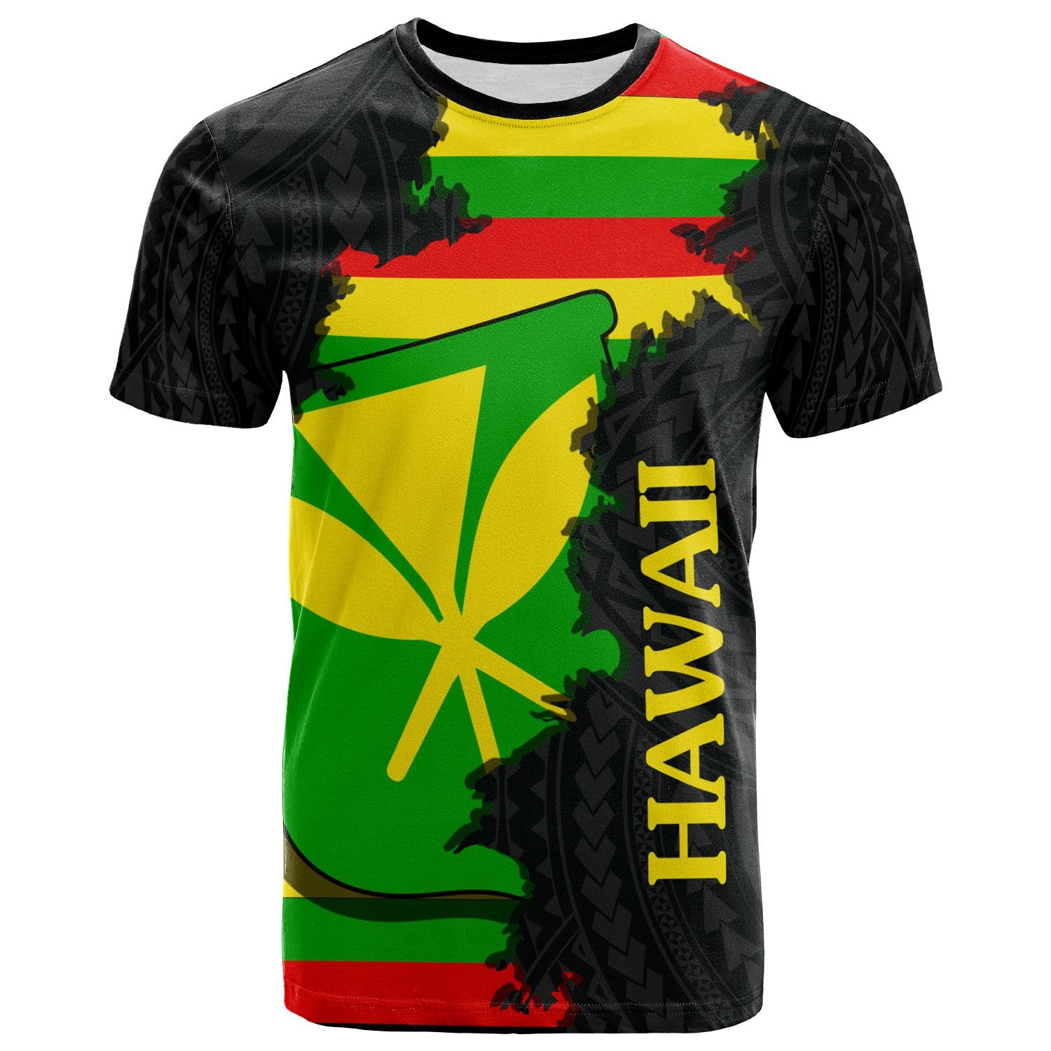 Hawaii T Shirt Wrap Flag and Polynesian Paterns Unisex Black - Polynesian Pride