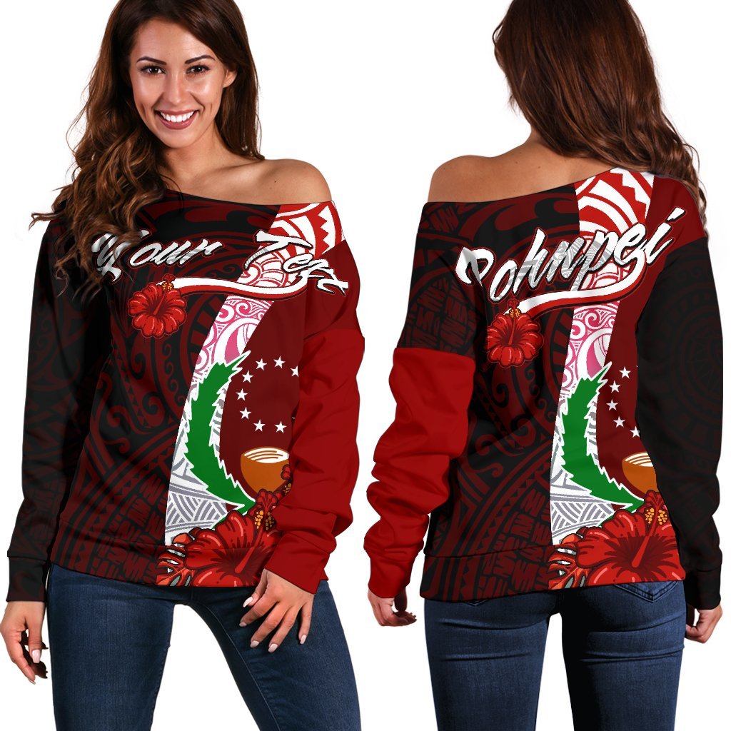 Pohnpei Micronesia Custom Personalised Women's Off Shoulder Sweater - Coat Of Arm With Hibiscus Red - Polynesian Pride