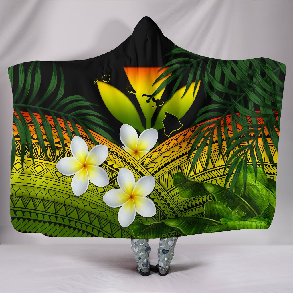 Kanaka Maoli (Hawaiian) Hooded Blanket, Polynesian Plumeria Banana Leaves Reggae One Size Reggae - Polynesian Pride