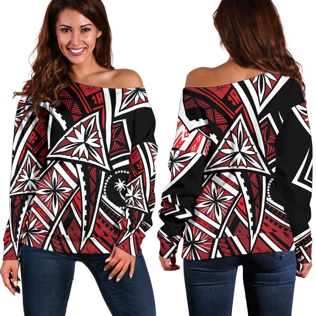 Chuuk Women's Off Shoulder Sweaters - Tribal Flower Special Pattern Red Color Red - Polynesian Pride