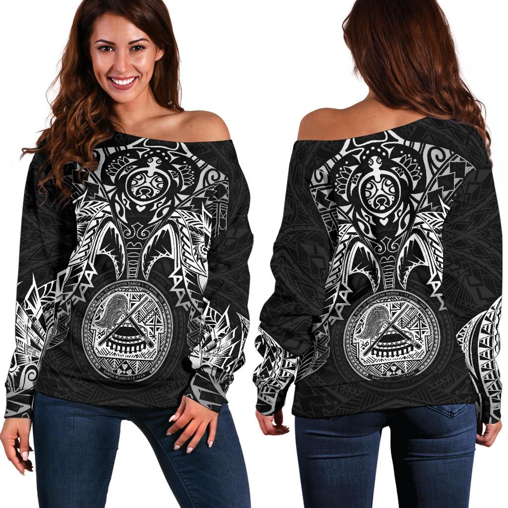 American Samoa Polynesian Women's Off Shoulder Sweater - White Turtle Manta Ray White - Polynesian Pride