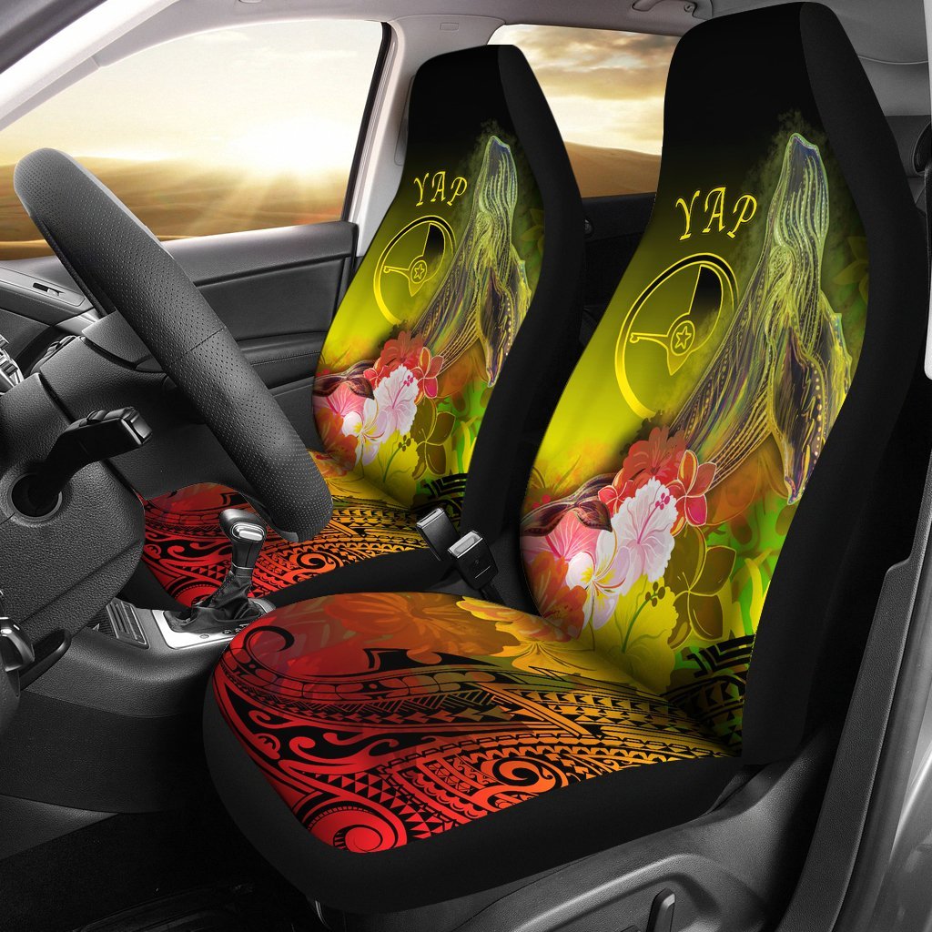 Yap Car Seat Covers - Humpback Whale with Tropical Flowers (Yellow) Universal Fit Yellow - Polynesian Pride