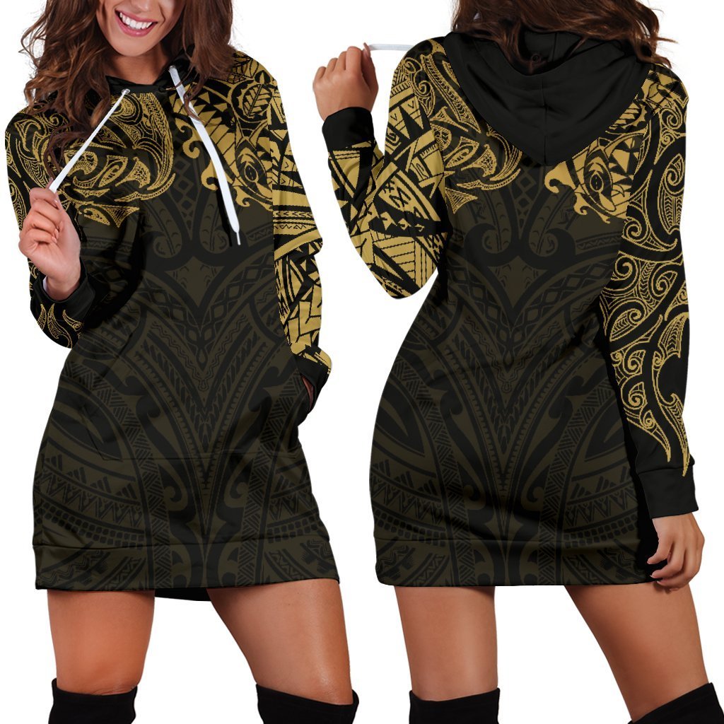 New Zealand Women'S Hoodie Dress, Maori Polynesian Tattoo Gold Gold - Polynesian Pride