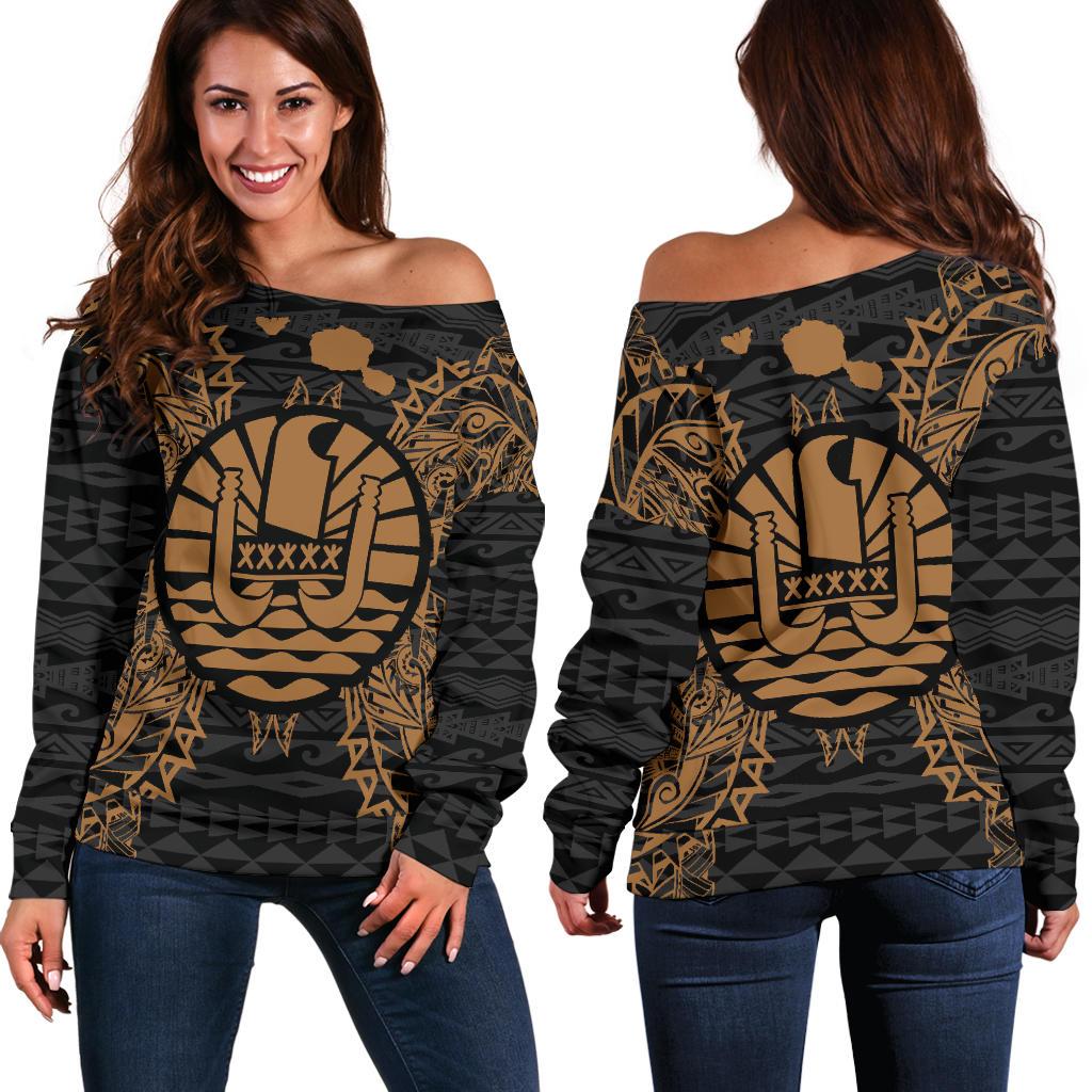 French Polynesia Polynesian Shoulder Sweater Map Gold Gold - Polynesian Pride