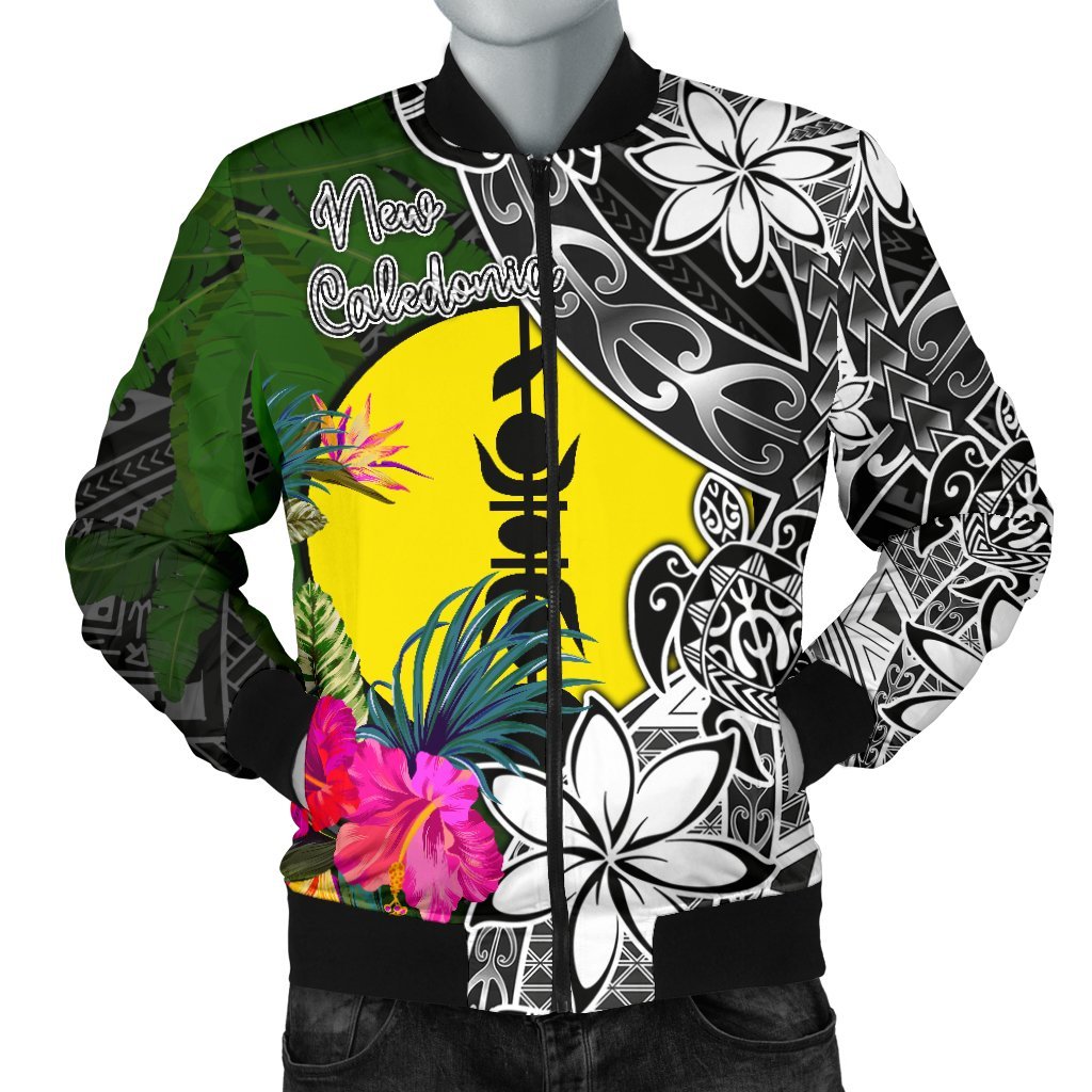 New Caledonia Men Bomber Jacket - Turtle Plumeria Banana Leaf Black - Polynesian Pride