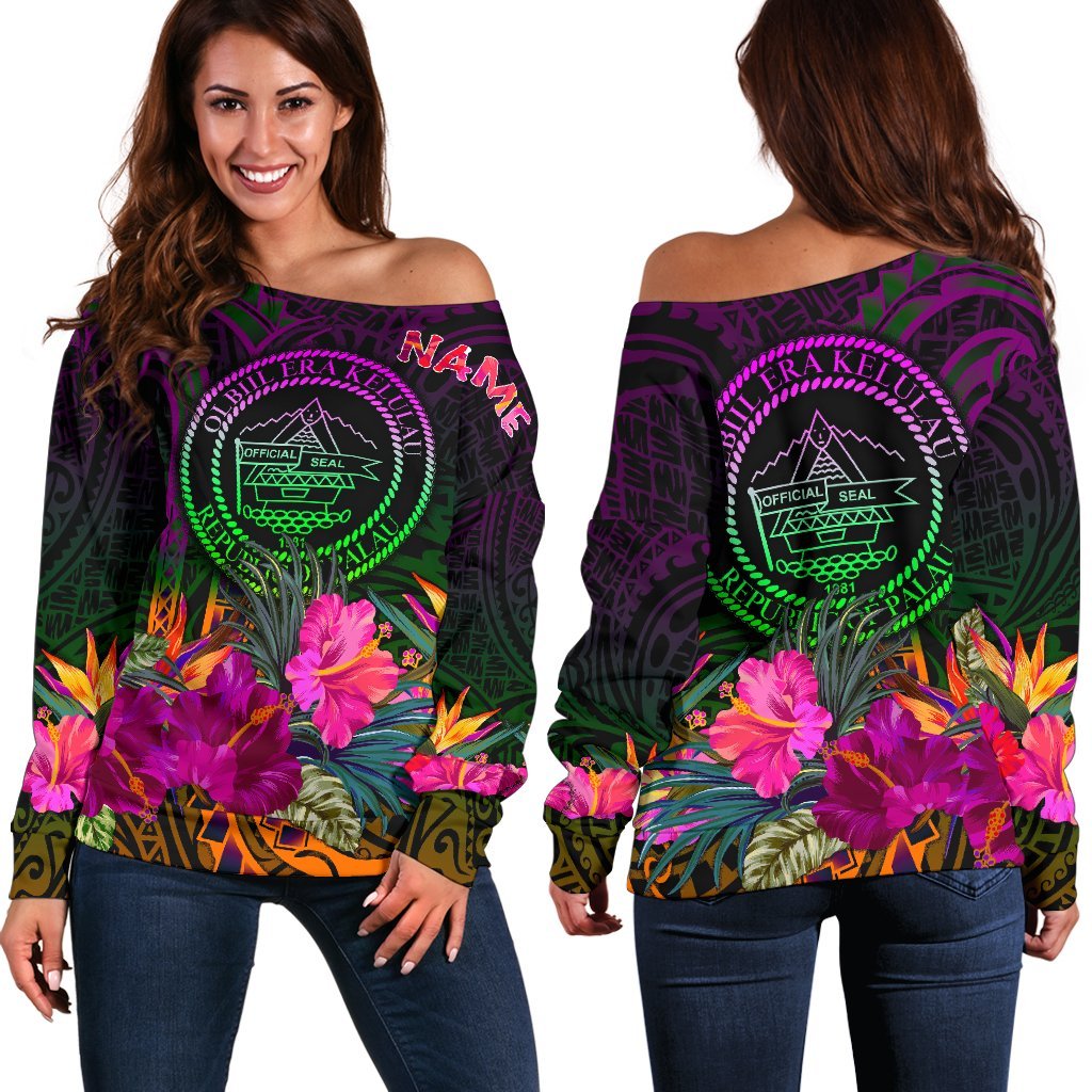 Palau Personalised Women's Off Shoulder Sweater - Summer Hibiscus Art - Polynesian Pride