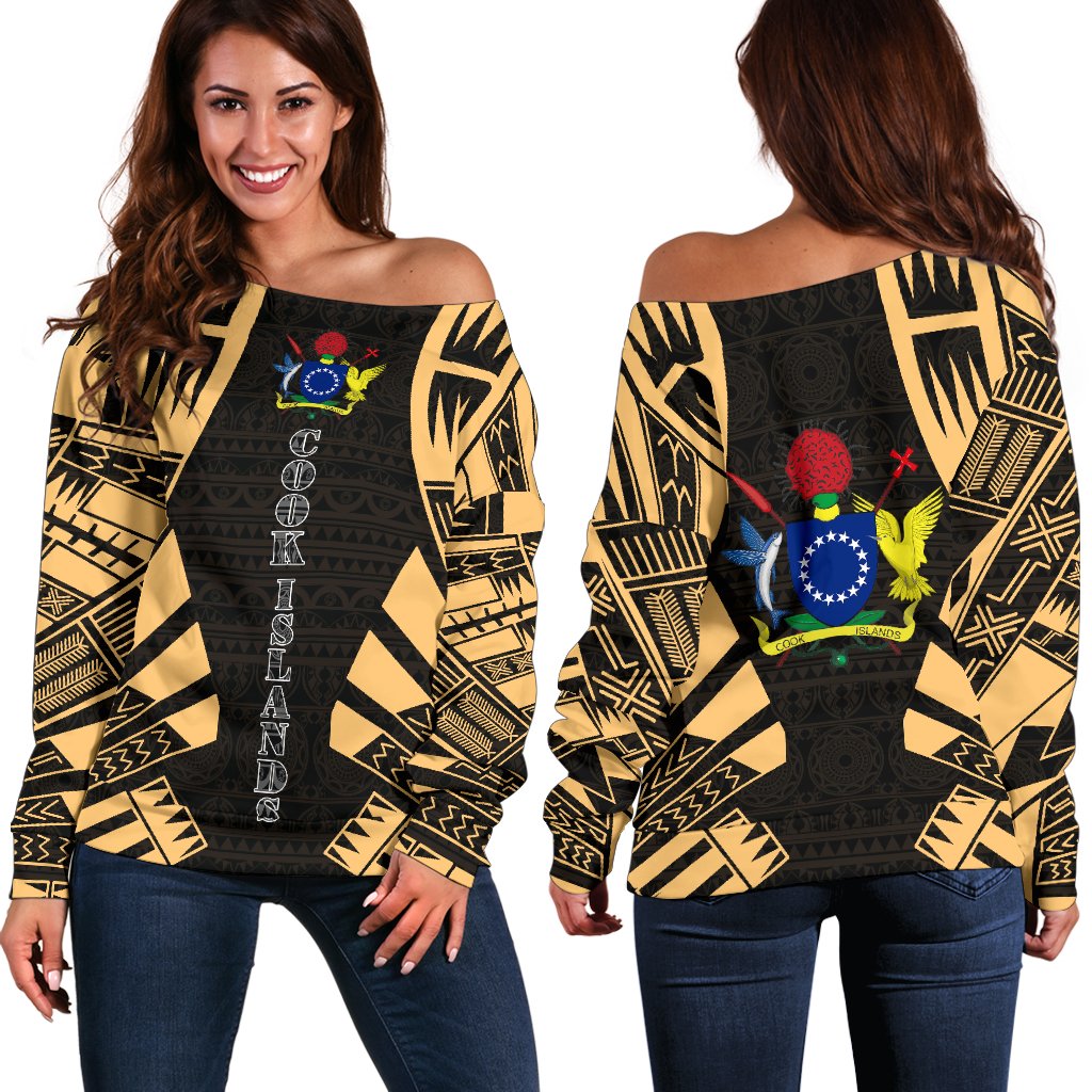 Cook Islands Women's Off Shoulder Sweater - Polynesian Tattoo Gold Gold - Polynesian Pride