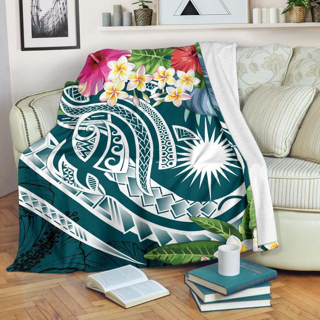 Marshall Islands Polynesian Premium Blanket - Summer Plumeria (Turquoise) White - Polynesian Pride