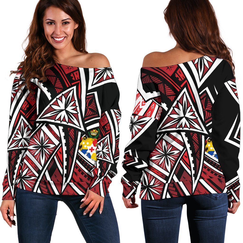 Tonga Women's Off Shoulder Sweaters - Tribal Flower Special Pattern Red Color Red - Polynesian Pride