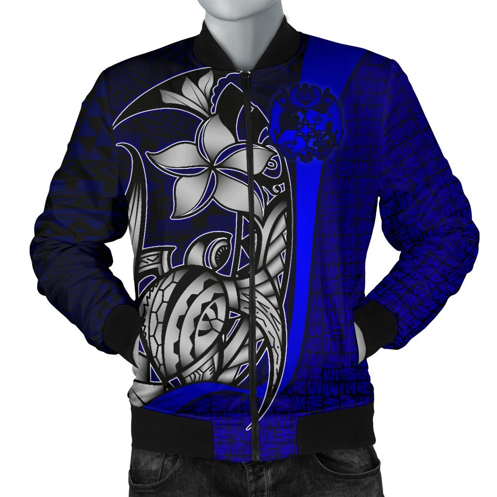 Tonga Micronesia Men's Bomber Jackets Blue - Turtle With Hook Blue - Polynesian Pride