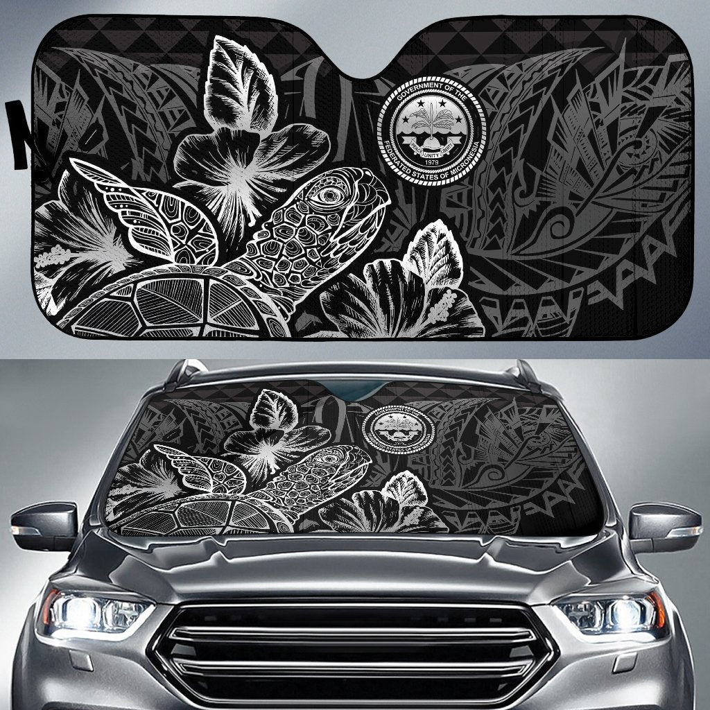 Federated States Of Micronesia Auto Sun Shades Turtle Hibiscus Black Auto Sun Shade Universal Fit Black - Polynesian Pride