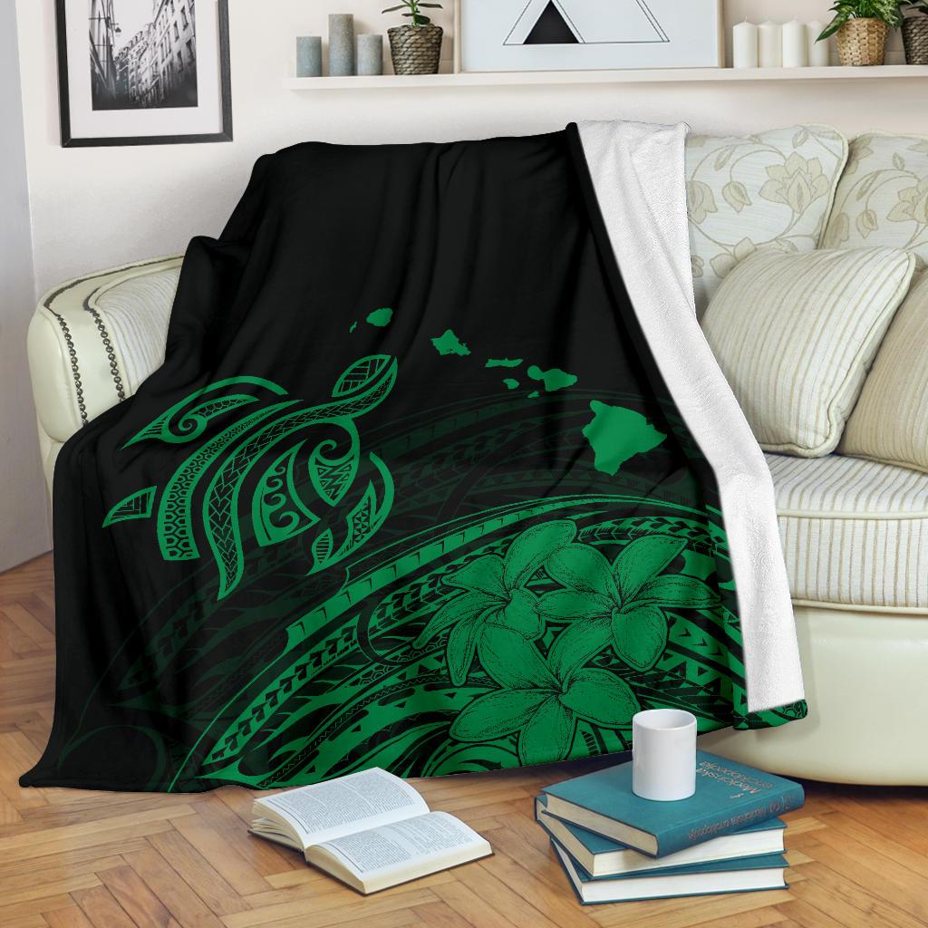 Hawaii Map Plumeria Polynesian Green Premium Blanket White - Polynesian Pride