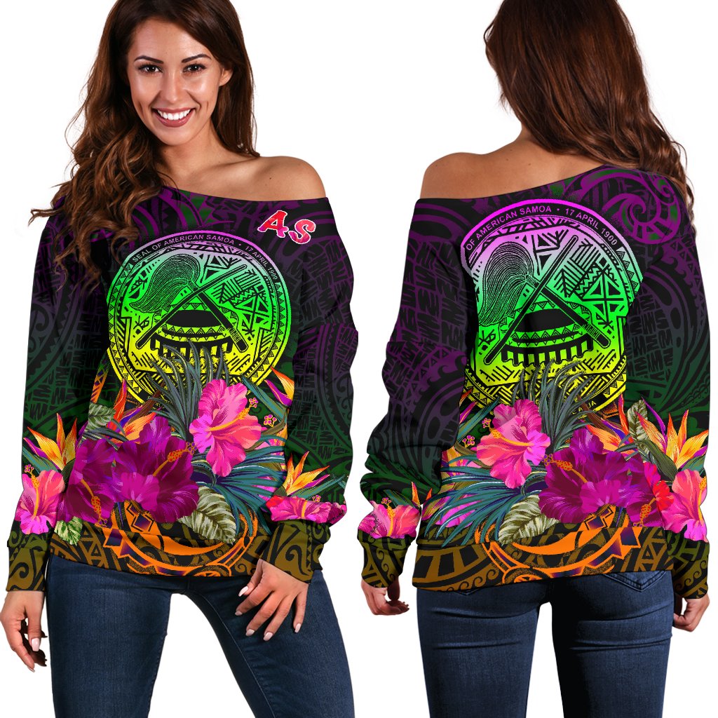 American Samoa Women's Off Shoulder Sweater - Summer Hibiscus Art - Polynesian Pride