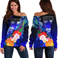 Fiji Custom Personalised Women's Off Shoulder Sweater - Humpback Whale with Tropical Flowers (Blue) Blue - Polynesian Pride