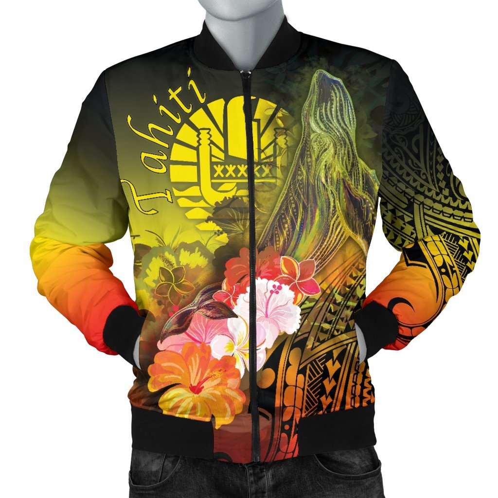 Tahiti Men's Bomber Jacket - Humpback Whale with Tropical Flowers (Yellow) Yellow - Polynesian Pride