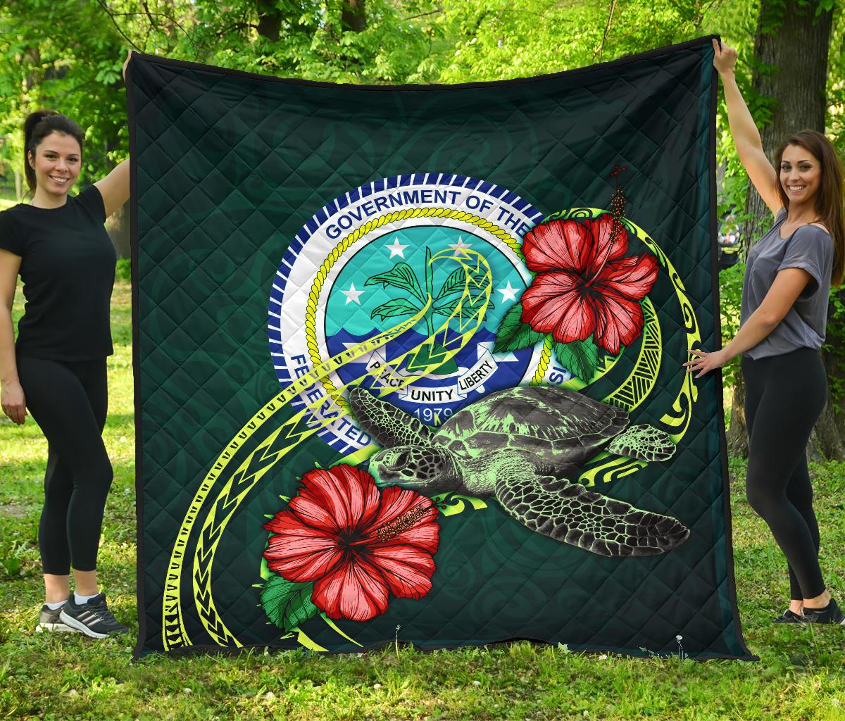 Federated States of Micronesia Premium Quilt - Green Turtle Hibiscus Green - Polynesian Pride