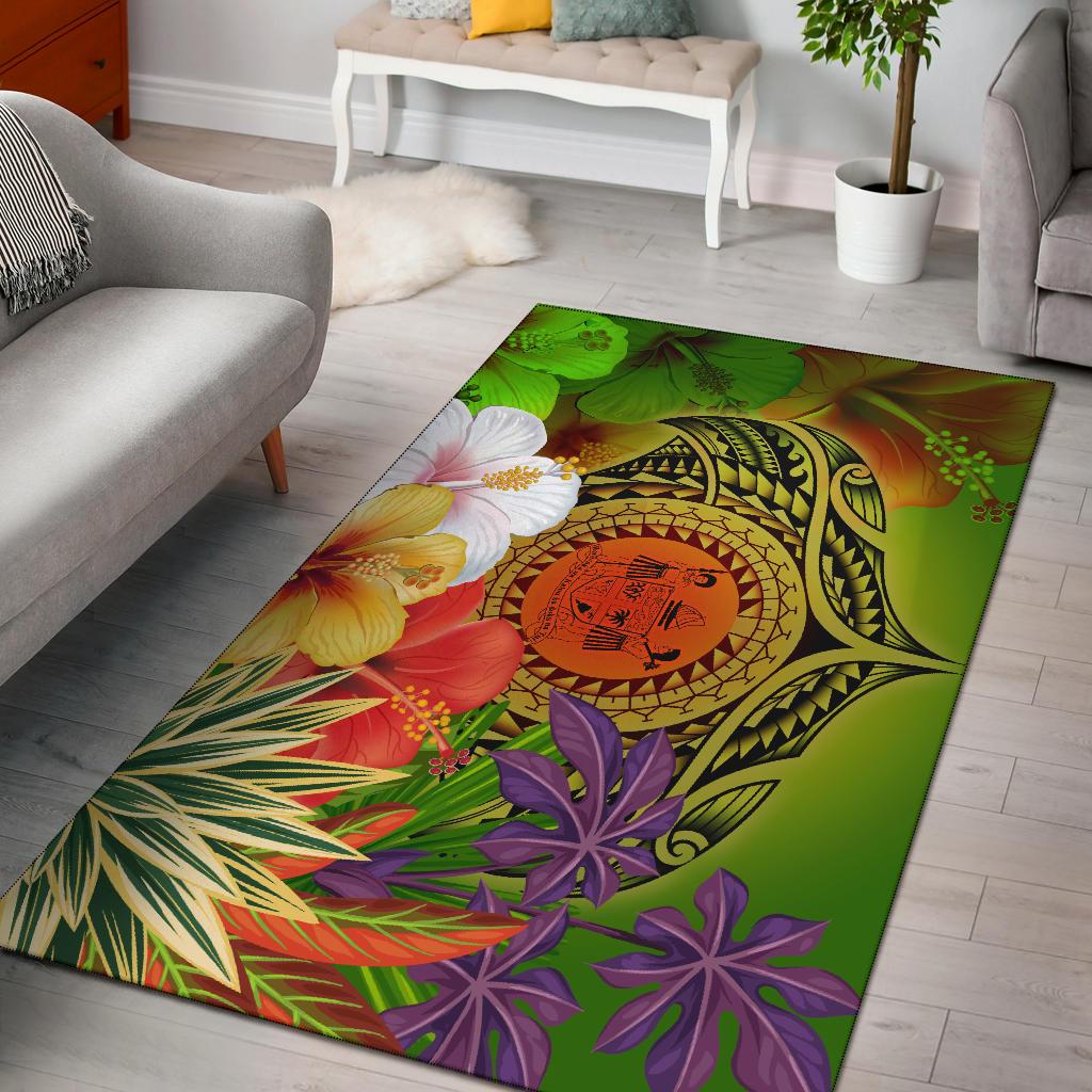 Fiji Polynesian Area Rug - Manta Ray Tropical Flowers (Reggae) Green - Polynesian Pride