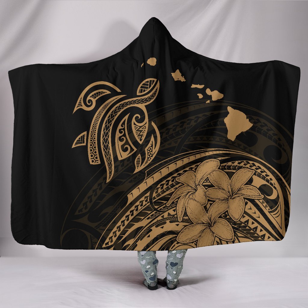 Hawaii Map Plumeria Polynesian Gold Turtle Hooded Blanket Hooded Blanket Gold - Polynesian Pride