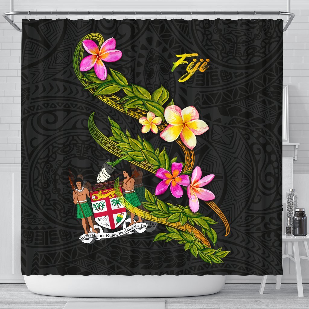 Fiji Polynesian Shower Curtain - Plumeria Tribal 177 x 172 (cm) Black - Polynesian Pride