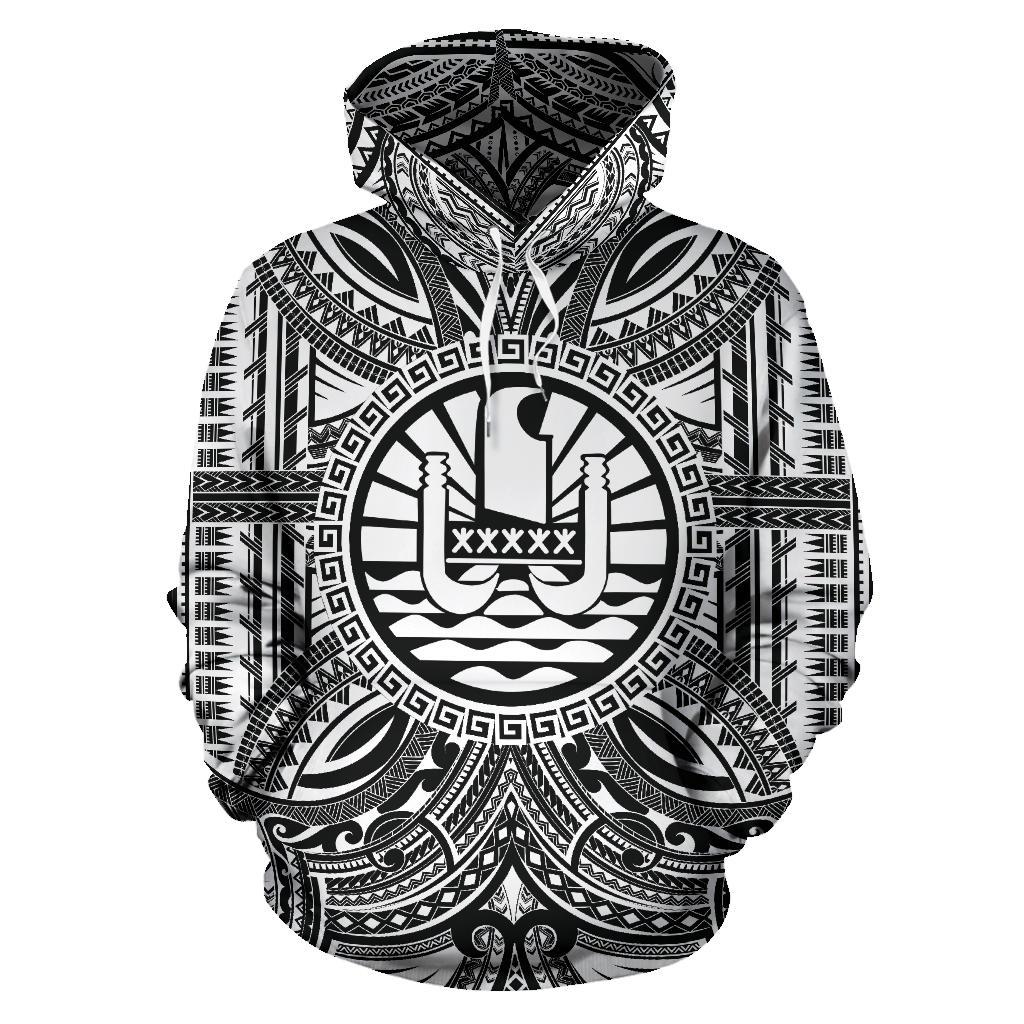 Tahiti ll Over Hoodie Tahiti Coat of rms Polynesian White Black Unisex Black - Polynesian Pride