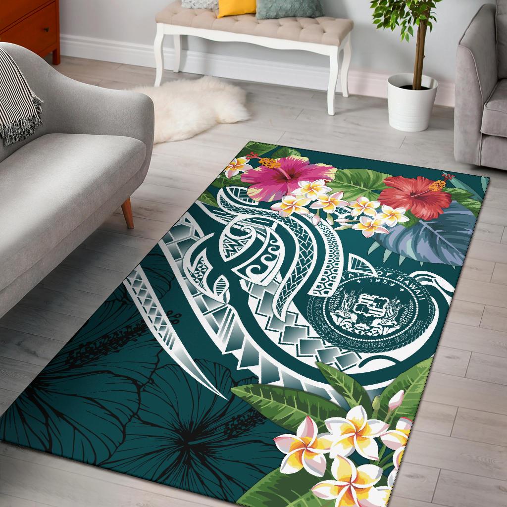 Polynesian Hawaii Area Rug - Summer Plumeria Blue - Polynesian Pride