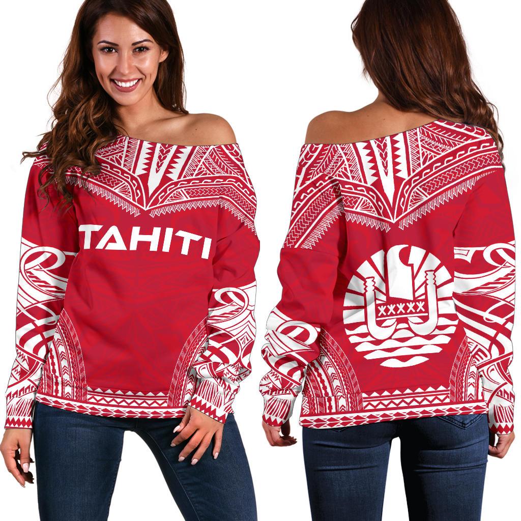 Tahiti Flag Polynesian Chief Women's Off Shoulder Sweater Red - Polynesian Pride