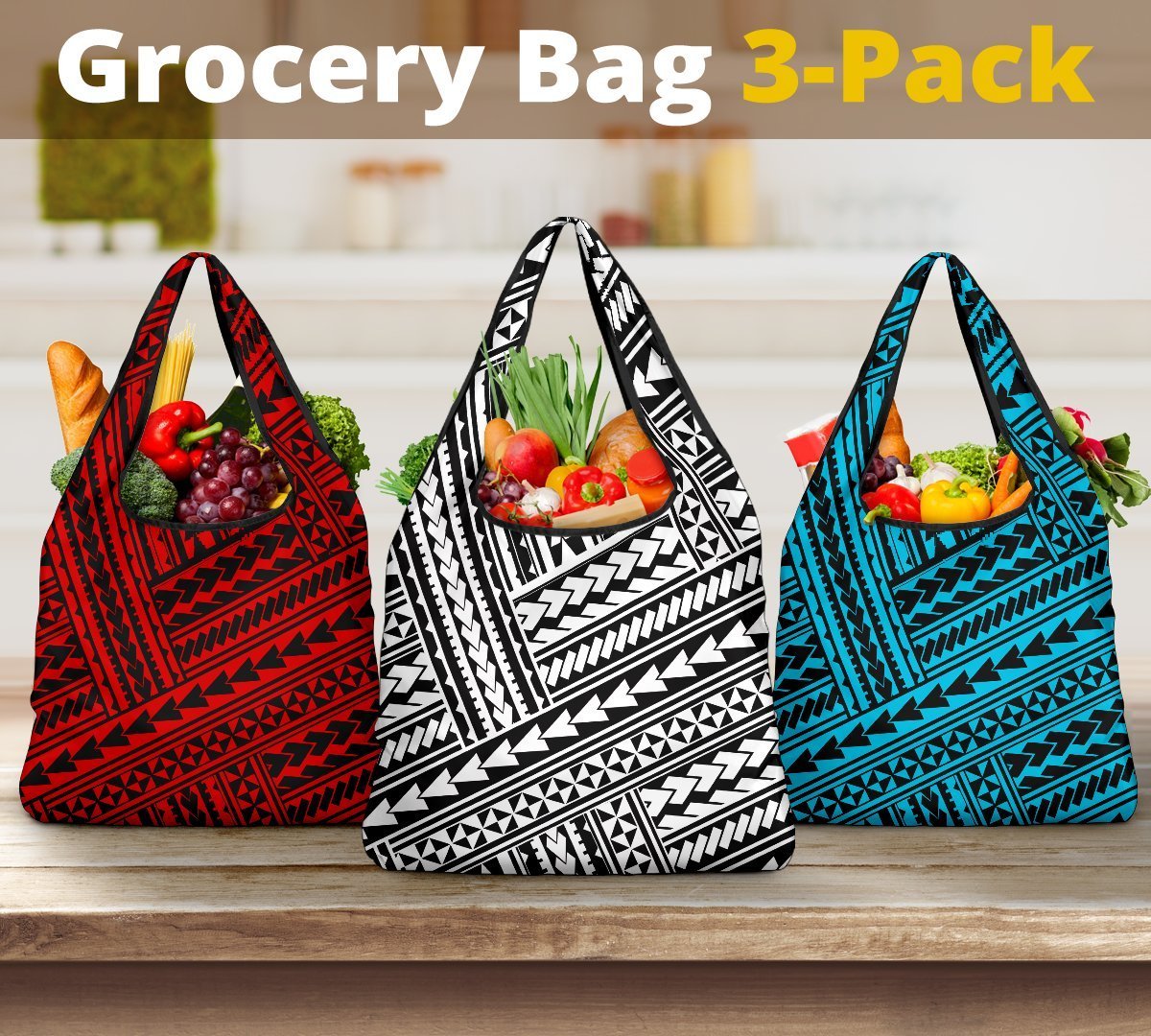 Polynesian Maori Tribal Grocery Bag 3 - Pack Grocery Bag 3-Pack Black - Polynesian Pride