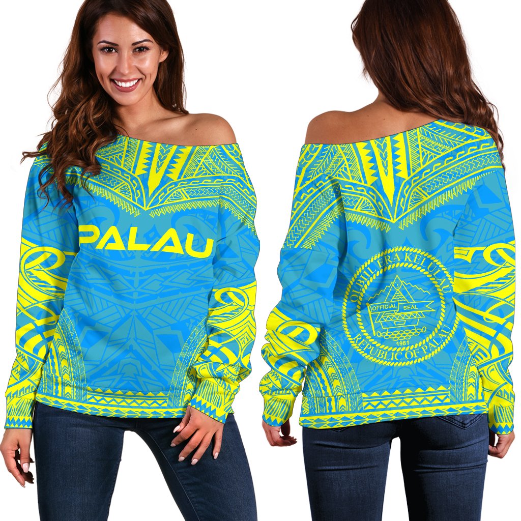 Palau Flag Polynesian Chief Women's Off Shoulder Sweater Blue - Polynesian Pride