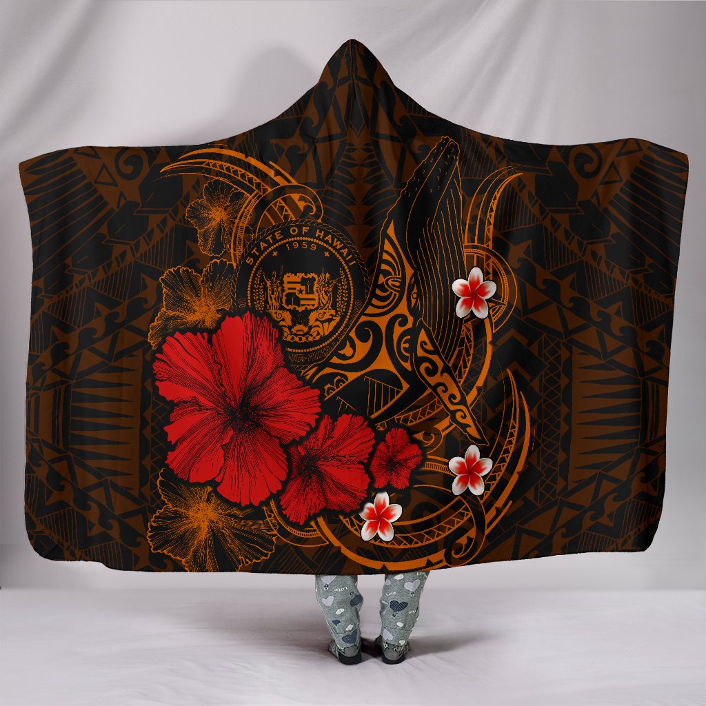 Polynesian Hawaii Hooded Blanket - Humpback Whale with Hibiscus (Golden) Hooded Blanket Golden - Polynesian Pride