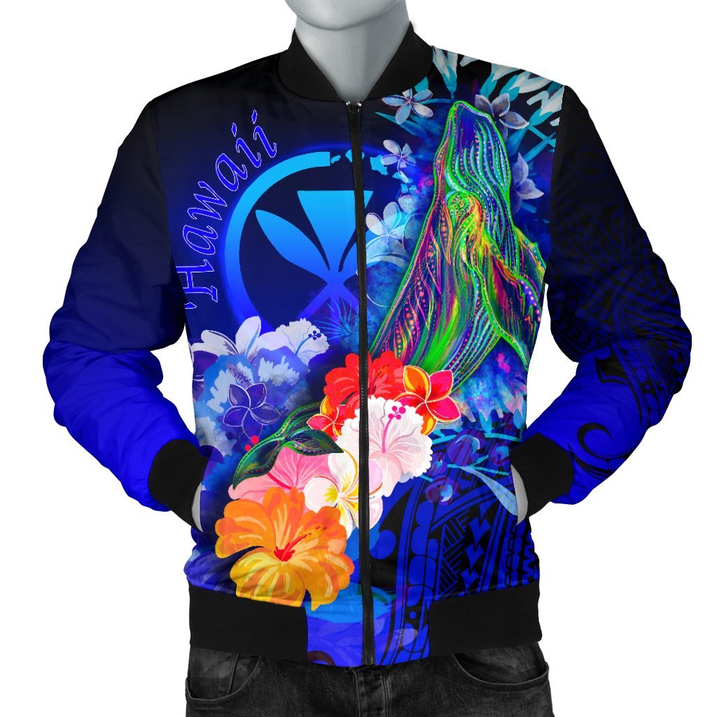 Polynesian Hawaii Men's Bomber Jacket - Kanaka Maoli Humpback Whale with Tropical Flowers (Blue) Blue - Polynesian Pride