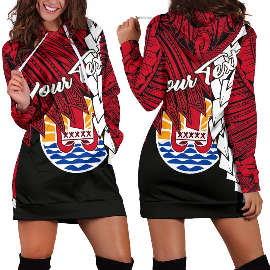 Tahiti Polynesian Custom Personalised Hoodie Dress - Tribal Wave Tattoo Flag Style Black - Polynesian Pride