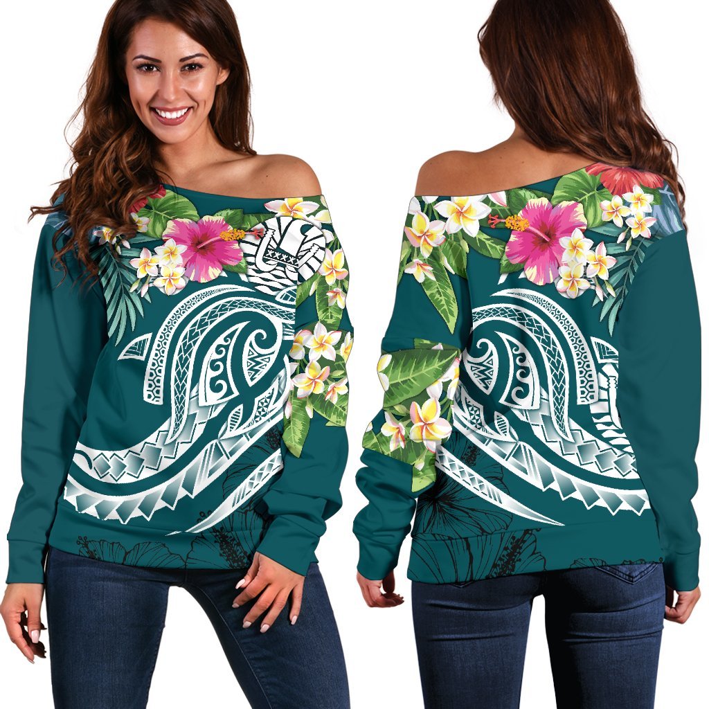 Tahiti Polynesian Women's Off Shoulder Sweater - Summer Plumeria (Turquoise) Turquoise - Polynesian Pride