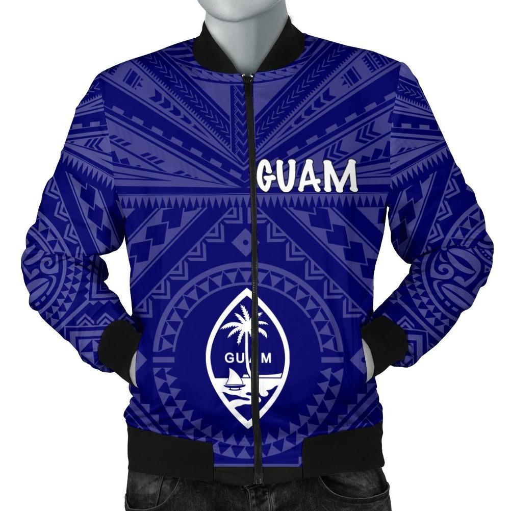 Guam Men's Bomber Jacket - Guam Seal With Polynesian Tattoo Style (Blue) Blue - Polynesian Pride