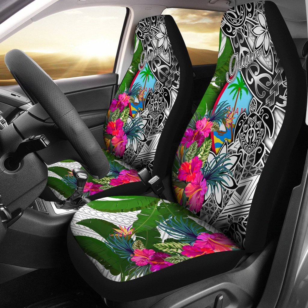 Guam Car Seat Covers White - Turtle Plumeria Banana Leaf Universal Fit White - Polynesian Pride