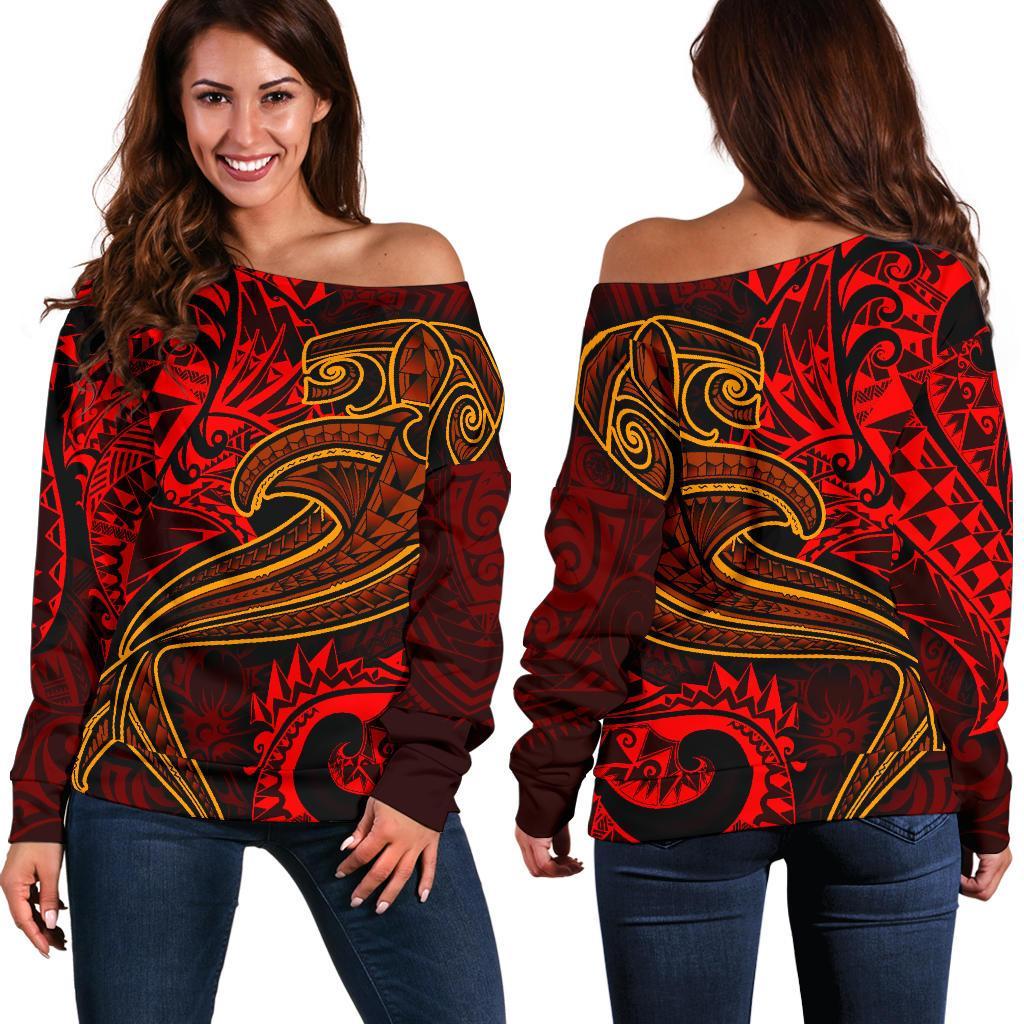 Polynesian Women's Off Shoulder Sweater - Red Shark Polynesian Tattoo Red - Polynesian Pride